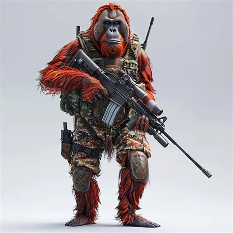 Personaje De Dibujos Animados De Soldados Orangutanes Con Armas De Fuego Foto Premium