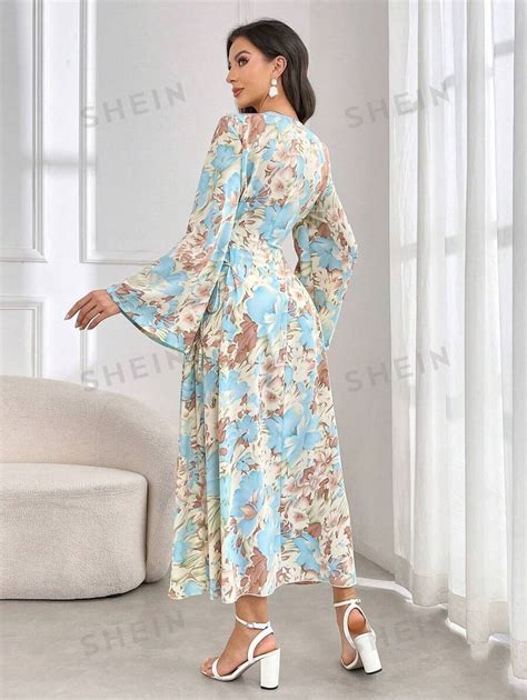 SHEIN Najma Robe arabe longue à manches trompette avec imprimé floral