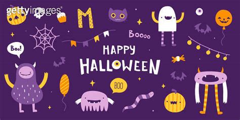 Cute Halloween Night Set With Funny Monsters And Party Decoration