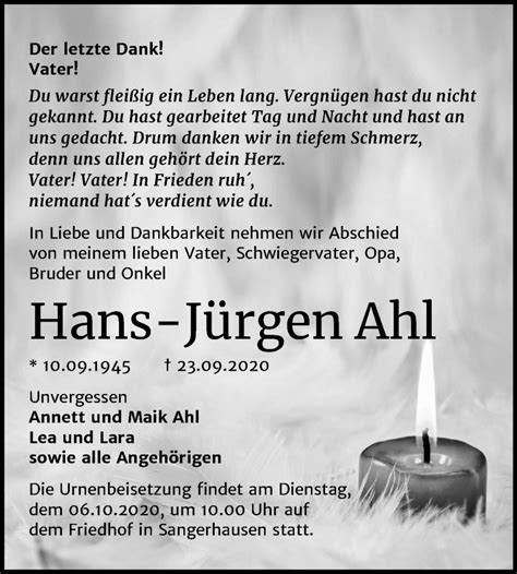 Traueranzeigen Von Hans J Rgen Ahl Abschied Nehmen De