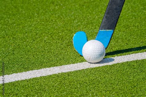 Field hockey stick and ball on green grass Stock Photo | Adobe Stock