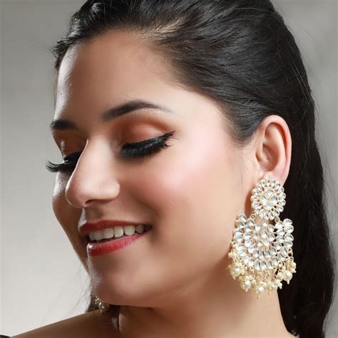 Buy Priyaasi White Kundan Gold Plated Chandbali Earrings Online