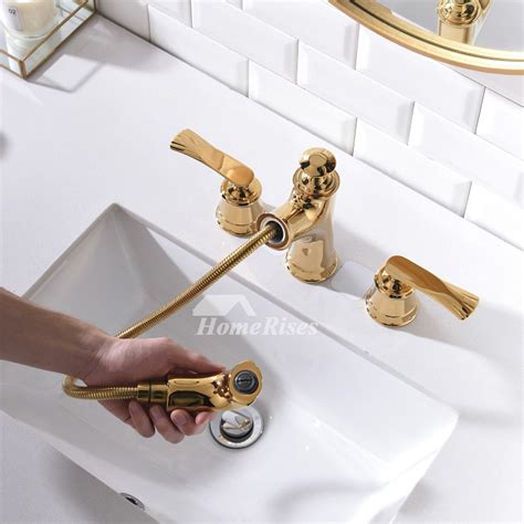 Luxury 3 Hole Brass Widespread Bathroom Faucet Polished Gold Chrome 2 Handle Pull Down Bathtub