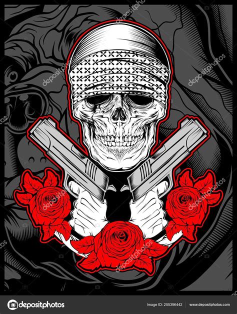 Skull Mafia Gengster Wearing Bandana With Gun An Roses Stock Vector