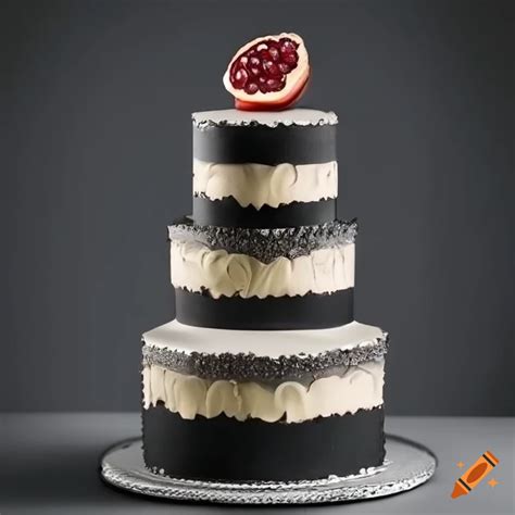 Elegant Black 3 Tiered Cake With Silver Decorations And Pomegranate On