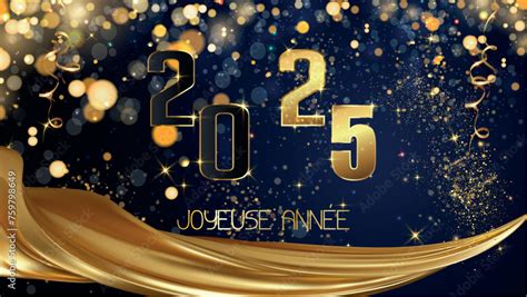 carte ou bandeau pour souhaiter une joyeuse année 2025 en or sur un