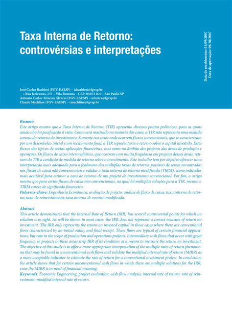 Pdf Taxa Interna De Retorno Controv Rsias E Interpreta Es Retorno