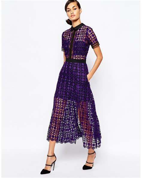 Self Portrait Short Sleeve Guipure Lace Midi Dress In Purple Lyst