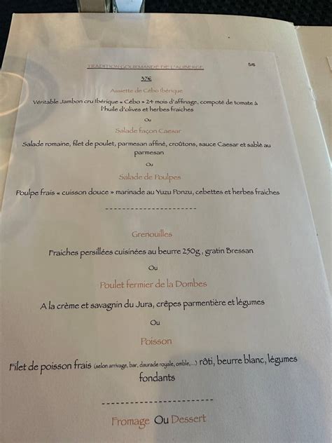 Menu Au Auberge De Montessuy Restaurant Ch Tillon Sur Chalaronne