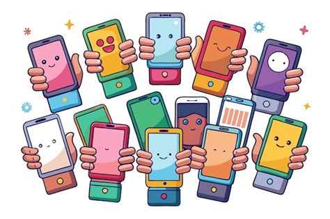 A Group Of Happy Cartoon Smartphones Holding Each Other With Thumbs Up