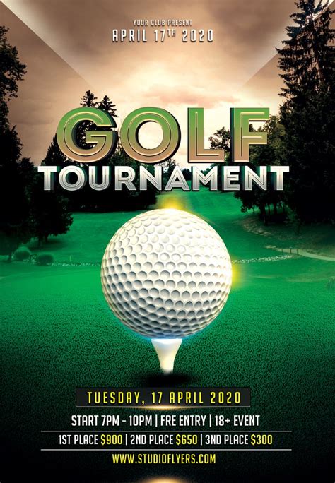 A Golf Tournament Flyer With A Golf Ball On The Tee And Trees In The