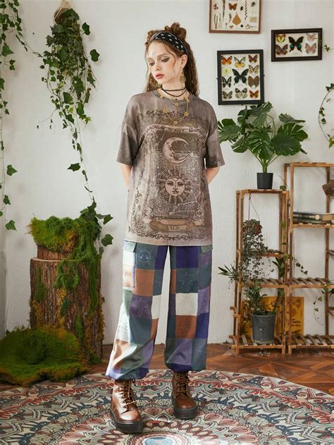 ROMWE Hippie Camiseta de hombros caídos con estampado de sol y luna