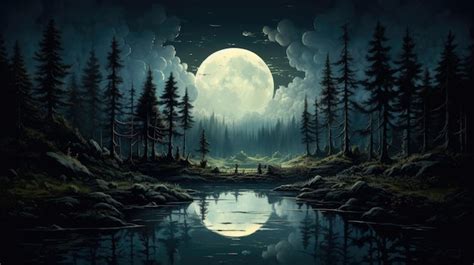 Premium Ai Image A Full Moon Reflecting In A Lake With Trees And Clouds In The Background