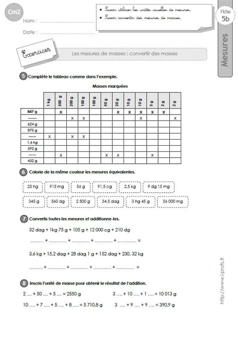 Cm2 Exercices Mesures De Masses Conversion
