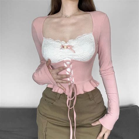 Pink Lace Crop Top Tie Up Crop Top Pink Long Sleeve Tops Lace Crop