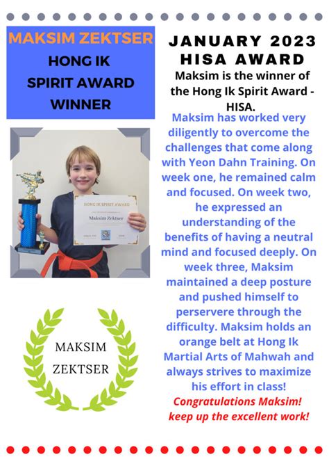 Hong Ik Martial Arts Spirit Award January Winner Of Mahwah