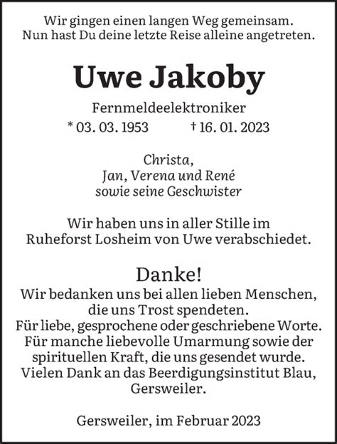 Traueranzeigen Von Uwe Jakoby Saarbruecker Zeitung Trauer De