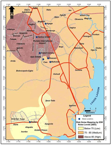aircraft noise risk map showing  risk levels   study locations