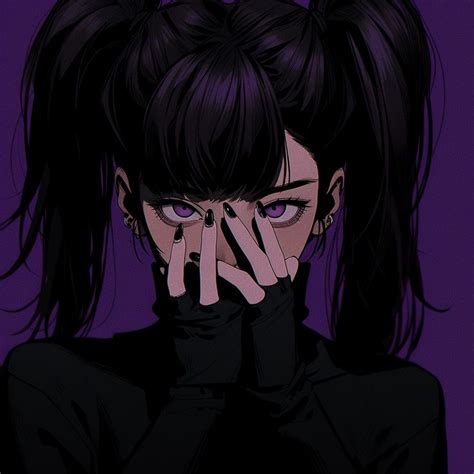 An Anime Character With Black Hair And Purple Eyes Holding Her Hands Up