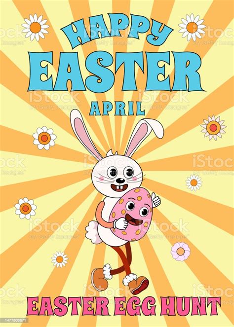 Groovy Happy Easter Poster Vintage Funny Bunny With Egg Easter Egg Hunt Stock Illustration