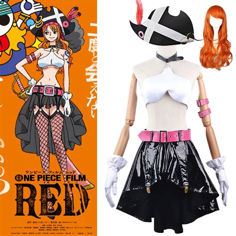 Authentic One Piece Film Red Nami Cosplay Costume Wig Set For Adults