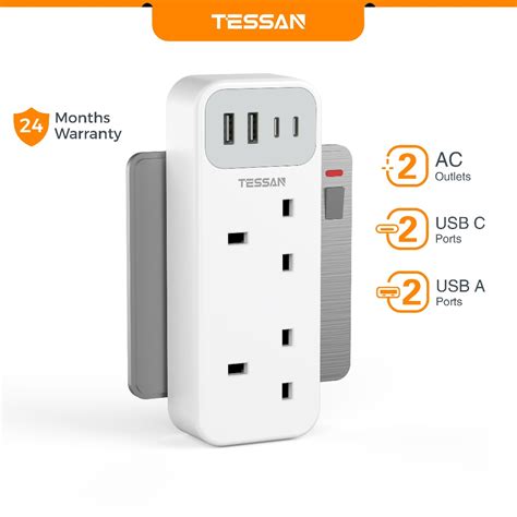 Tessan Extension Plug Adapter With Usb Usb C Way Multi Plug