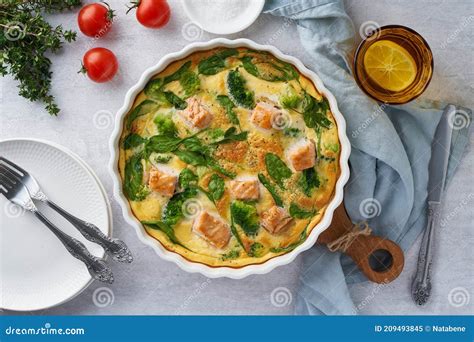 Egg Based Frittata Omelette With Salmon Broccoli And Spinach Top