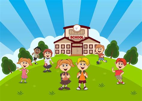 Students In Front Of School With Balloon Back To School Cartoon Stock ...