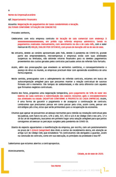 Modelo De Carta De Negocia O De Contrato De Aluguel Loca O