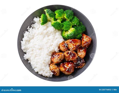 Plate Of Teriyaki Chicken Broccoli And Rice On White Background Top