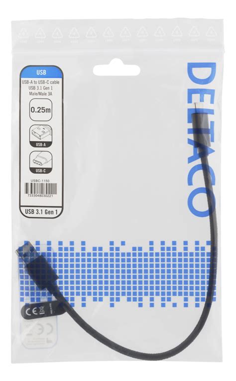 Deltaco Usb 31 Gen1 Usb A Usb C Kangaspääll 025m 3a 60w Musta Usbc 1150 Deltaco