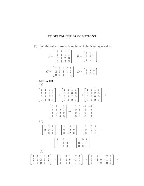 Problem Set Solutions Find The Reduced Row Echelon Form Of The