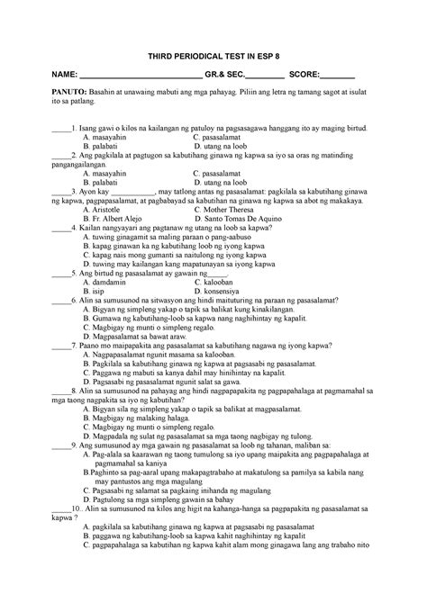 Pt G8 Esp Third Periodical Test In Esp 8 Name
