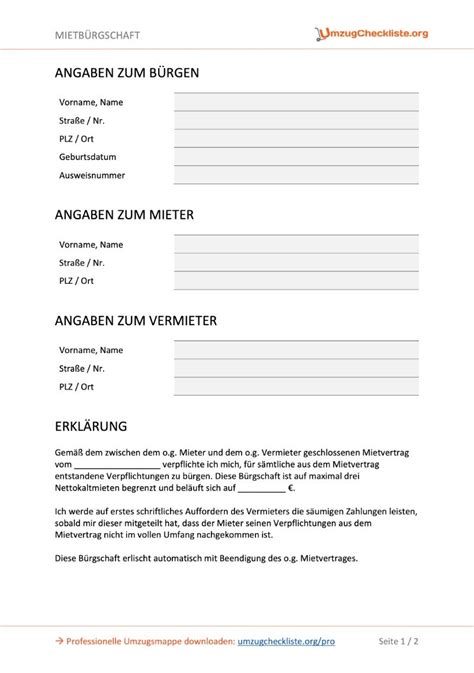 Mietb Rgschaft Vorlage Als Pdf Word Version Umzugcheckliste Org