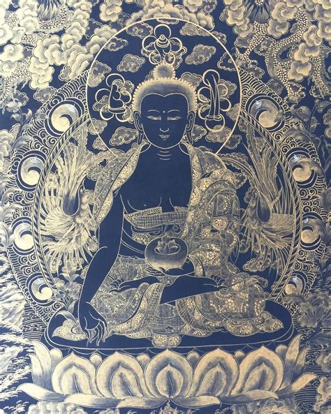 Medicine Buddha Kalo Sunaulo Golden Black Thangka Brocadeless