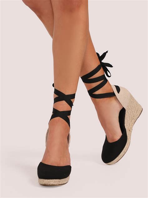 Lace Up Ankle Closed Toe Jute Trim Wedges | SHEIN USA