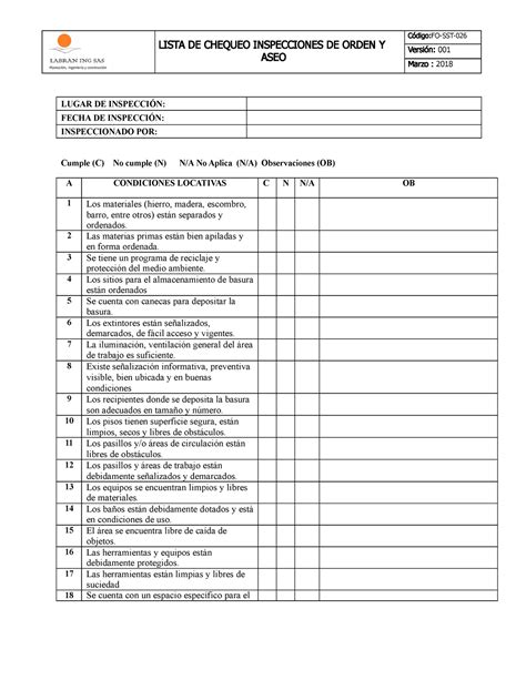 Lista De Chequeo En Orden Y Aseo Lista De Chequeo En Orden Y Aseo