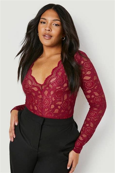 Plus Lucia Plunge V Neck Lace Bodysuit Boohoo