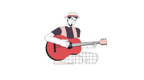 Musician playing acoustic guitar line 2D character animation. Guitarist live performance flat ...