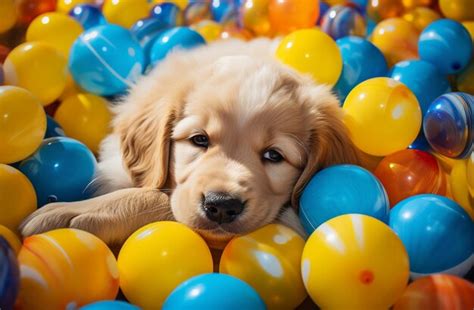 Premium AI Image | puppy sleeping in a pool of colorful balls in the ...