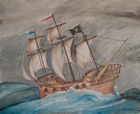 Ghost Pirate Wooden Ship painting matted print