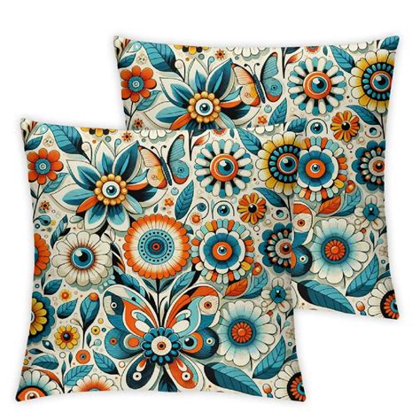 Mushroom Floral Pillow Case 18x18 Retro 70s Decor Vintage Throw Pillows