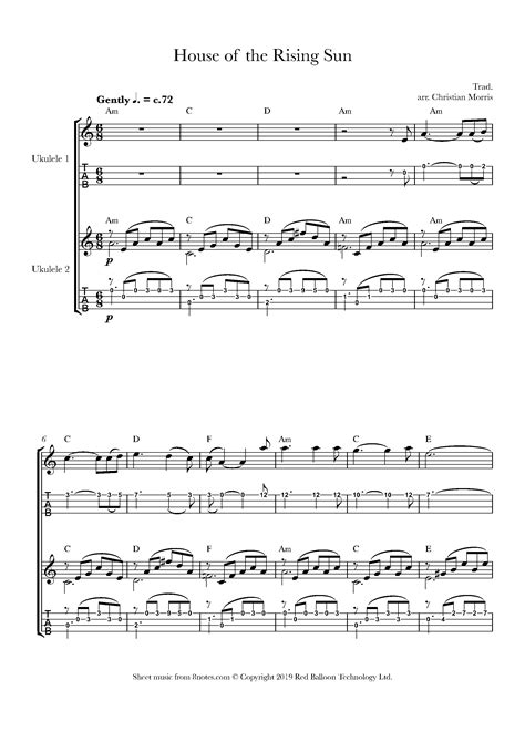 House Of The Rising Sun Sheet Music For Ukulele Duet