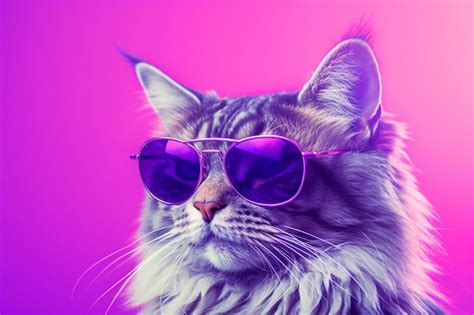 Retrato De Un Hermoso Gato Maine Coon Con Gafas De Sol Sobre Un Fondo