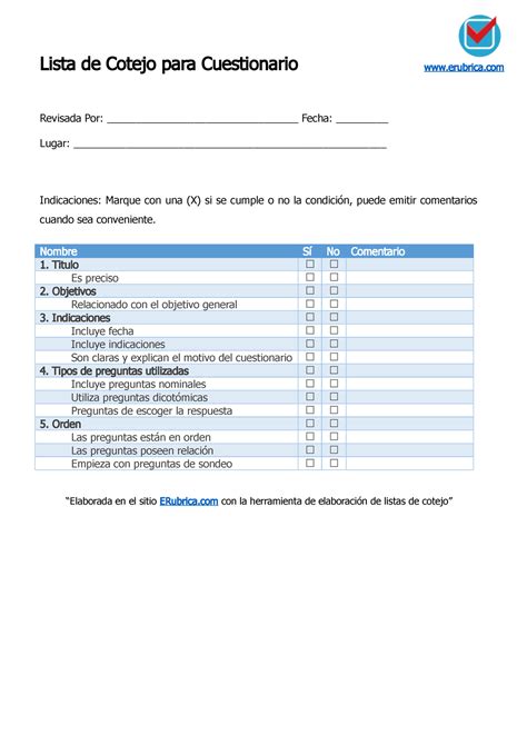 Lista De Cotejo Para Evaluar Cuestionario Lista De Cotejo Para