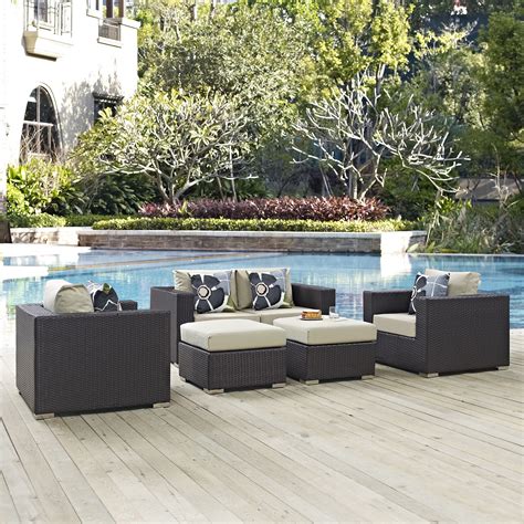 Modway Convene 5 Piece Outdoor Patio Sofa Set In Espresso Beige