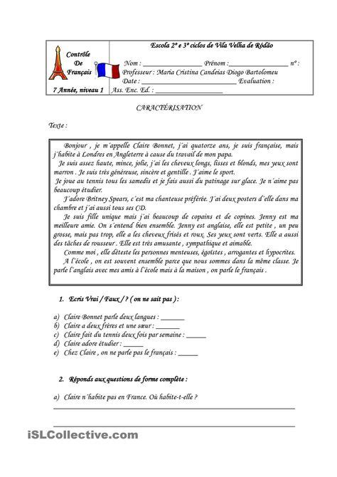 Contrôle de Français fle Aprender francés Idioma francés y Clases