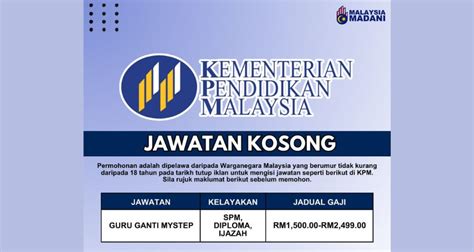 JAWATAN KOSONG GURU GANTI MYSTEP MINIMA KELAYAKAN SPM GAJI RM1 500 RM2 499