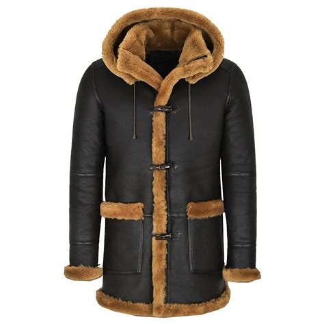 Mens Black Shearling Coat With Hood Black Shearling Jacket And Coats