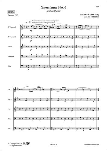 E Satie E Vireton Gnossienne No Sheet Music For Brass Quintet